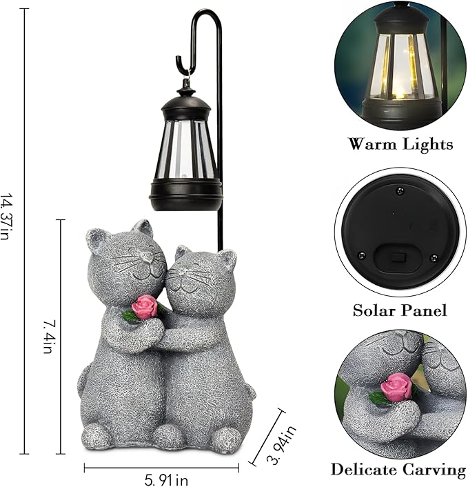 Outdoor Cat Garden Statues with Solar Lantern - Romantic Resin Kitty Couple Holding Rose, Funny Solar Cat Decor Gifts for Women, Cats Figurines for Yard Lawn Porch Patio