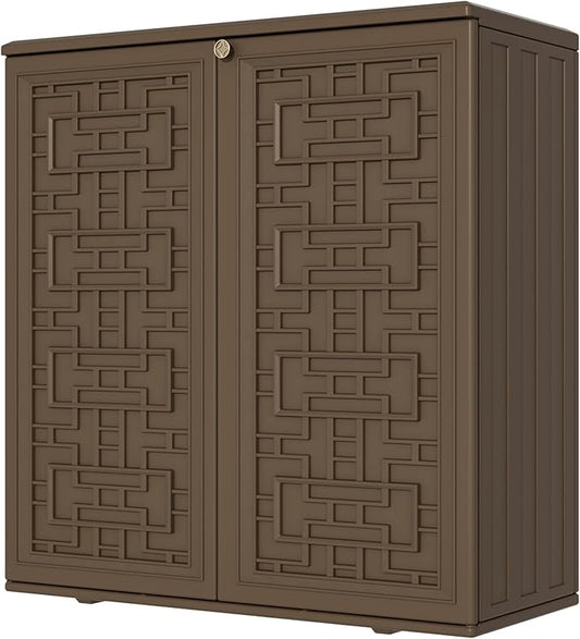 Storage Box Outdoor Caninet,Resin Indoor Storage Box Waterproof Outdoor Storage Cabinets for Patio/Garden/Backyard, Size 34.3''L*15''W*36.2''H(Brown)