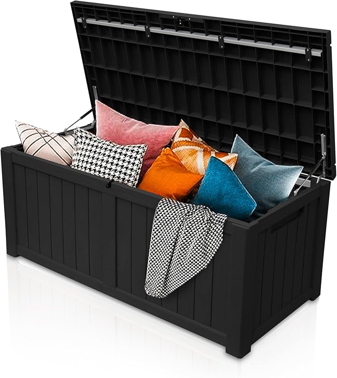 AJP Distributors 120 Gallon Outdoor Storage Box, Rain Waterproof Resin Deck Box, Lockable Large Storage Container for Patio Furniture, Cushions, Garden Tools, Sports Equipment and Pool Supplies Black