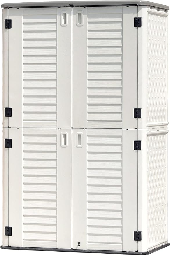 KINYING Outdoor Storage Shed Waterproof, Resin Vertical Storage Cabinet Double-Layered, Versatile to Store Patio Furniture, Garden Tools, Pool Accessories,Mower (66 Cu.ft,White)