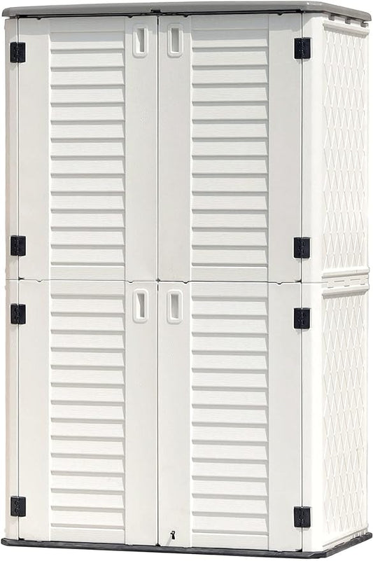 KINYING Outdoor Storage Shed Waterproof, Resin Vertical Storage Cabinet Double-Layered, Versatile to Store Patio Furniture, Garden Tools, Pool Accessories,Mower (66 Cu.ft,White)