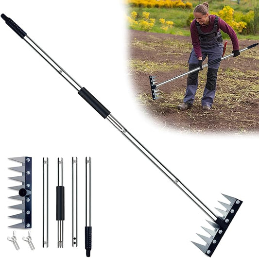 Garden Rake, 8 Tines Garden Weeding Rake with Sharp Blade with Steel Adjustable Handle (31'' to 63''), Garden Weed Puller Tool for Clearing Weed, Loosening Soil and Flower Beds