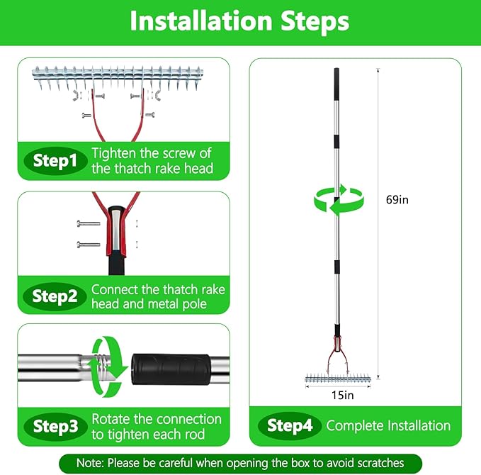 Thatch Rake, 15-inch Lawn Dethatcher Rake, Efficient Steel Metal Rake with Stainless Steel Handle, Heavy Duty Soil Rake, Grass Grooming Rake for Cleaning Dead Grass