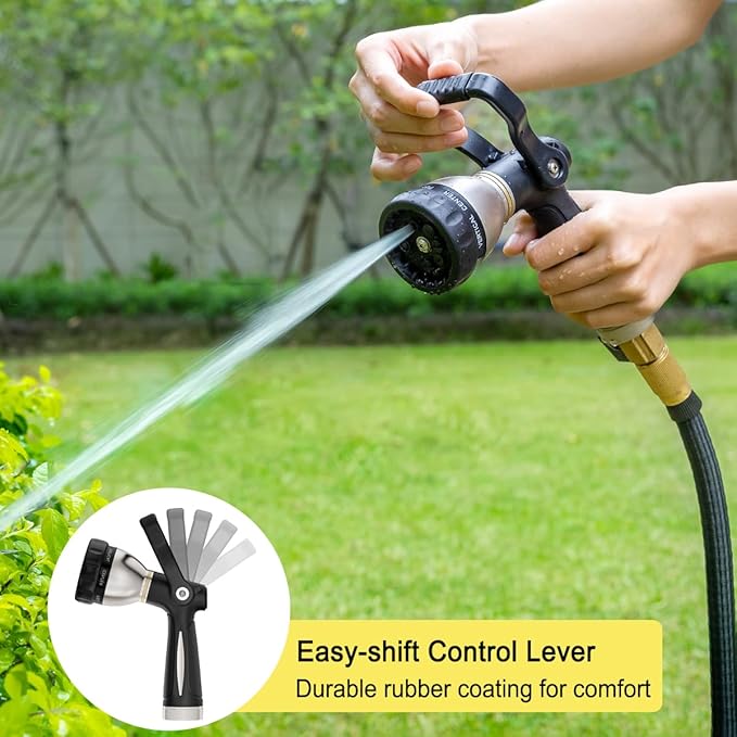 FANHAO Heavy Duty Fireman's Hose Nozzle, Metal Water Nozzle with 8 Spray Patterns，High Pressure Garden Hose Sprayer with Lever Control and Non-Slip Grip to Water Lawns & Plants, Wash Cars & Clean