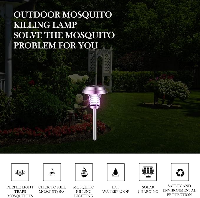 Qualirey 4 Pcs Solar Bug Zapper Waterproof Outdoor Mosquito Zapper Killer and Lighting Repellent Lamp for Indoor Outdoor Use Garden Patio, Purple and White Light(Stainless Steel,Silver)
