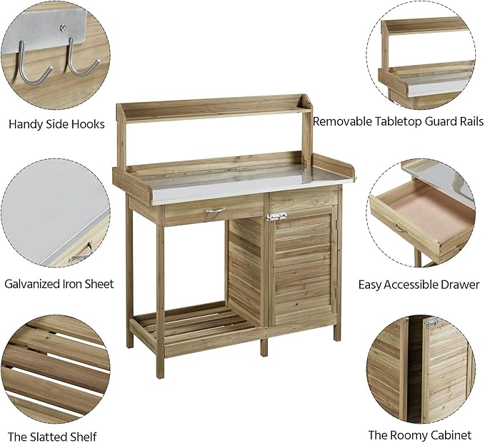 Yaheetech Outdoor Potting Bench Table, Garden Work Bench w/Metal Tabletop Work Station w/Cabinet Drawer, Open Top&Lower Shelf, Handy Hooks, ACQ Lumber Wood, Light Green