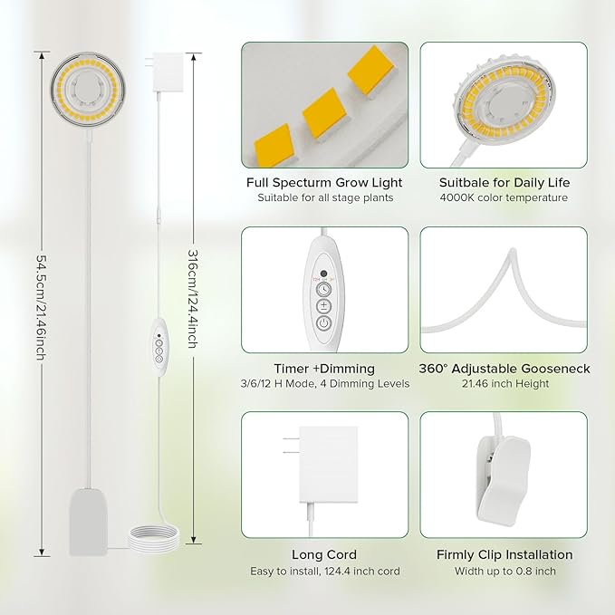 Plant Grow Lights, Full Spectrum Clip Plant Growing Lamp, 4000K LED Grow Light Indoor, 4 Dimmable Levels Adjustable Pot Grow Lamp, Auto On/Off Timing 4/8/12H, White 2 Pack Succulents