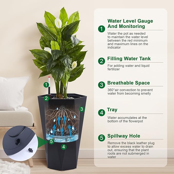 23 Inch Tall Outdoor Planters Set of 2, Self Watering Pots for Indoor Plants with Water Level Monitor & Drainage Hole & Wheels, Large Planter Pots for Garden, Patio, Balcony, Lounge, White