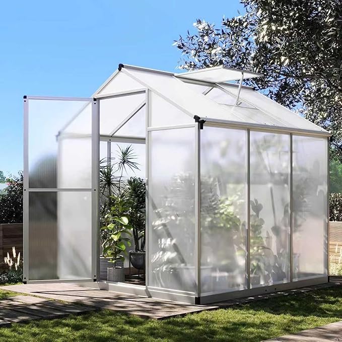 Garvee 6.25x6 FT Greenhouse for Outdoors, Polycarbonate Greenhouse with Quick Setup Structure and Roof Vent, Aluminum Large Walk-in, for Outside Garden Backyard, Silver