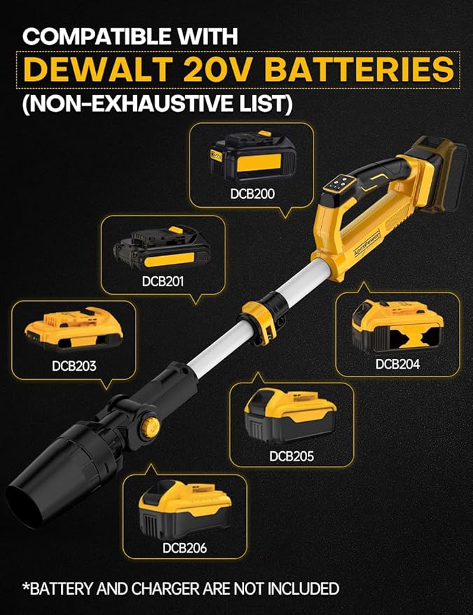 Cordless Leaf Blower for DEWALT 20V Battery, 31000RPM Brushless Motor, 650CFM/280MPH,Lock-On Switch,60° Adjustable Head, Telescopic Pole & 3-Speed Lightweight Blowers for Lawn Care, Snow Removal, Yard