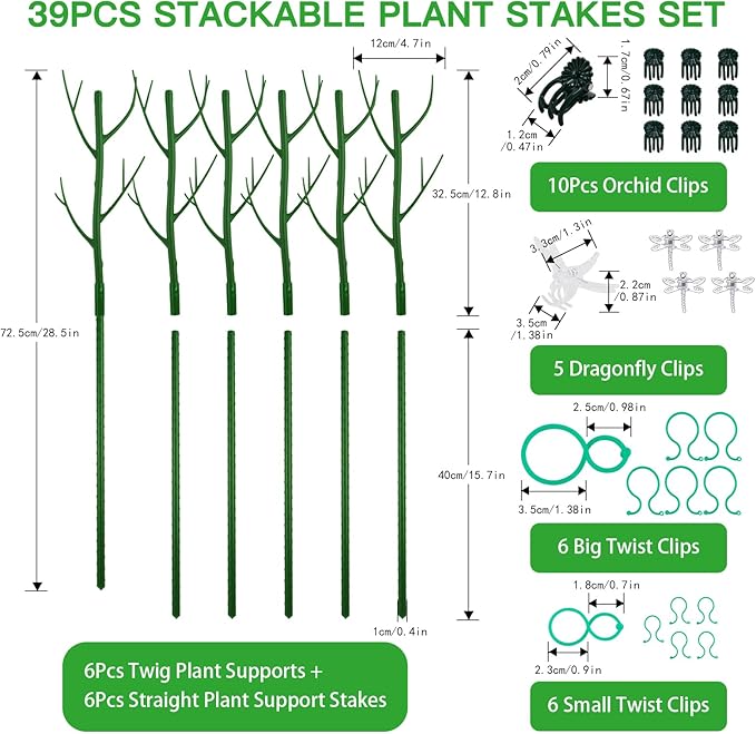 Plant Support Stakes Set 6 Pack 28.5" Detachable Twig Monstera Plant Support Sticks with Dragonfly Clips Orchid Clips, Stackable Green Branch Trellis for Climbing Potted Plants Indoor Outdoor