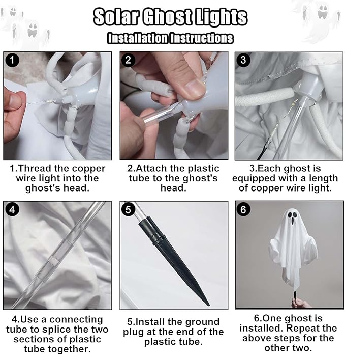 Solar Powered Halloween Decorations, 3 Pack Light Up Ghost Outdoor Path Pathway Kit Walkway Driveway Warm White Led Lights Solar Power Scary Yard Stakes Garden Lawn Decor