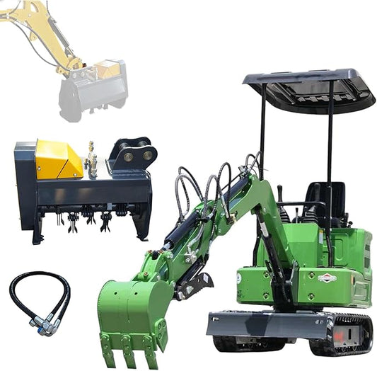1 Ton Mini Excavator B&S Engine with Excavator Flail Mower Attachments for Garden,Road Cutting Weeds, Branch Shredding,Pioneering Land(G Mower+excavator)