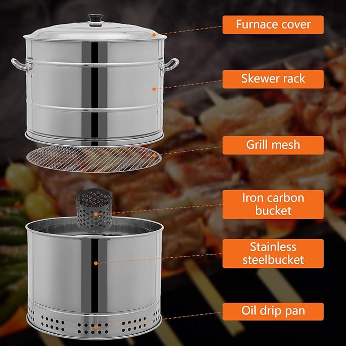 Large Portable Charcoal Grills, Stainless Charcoal BBQ Grill Barrel 360° Smokeless Outdoor with 50 Skewers, Boiling Pot Barbecue Smoker Grill for Travel, Outdoor Cooking and BBQ