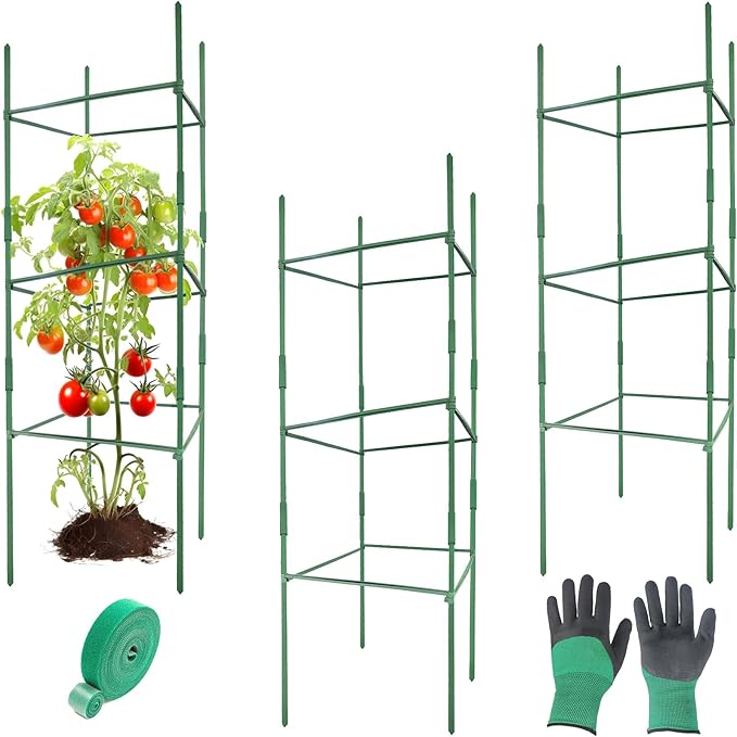 3Pack 18.5" Width Up to 48" Height Adjustable Square Tomato Cages for Garden, Plant Support Stakes for Climbing Vegetable, Tomatoe, Flower, with Twist Ties Snap-On Stake Arms