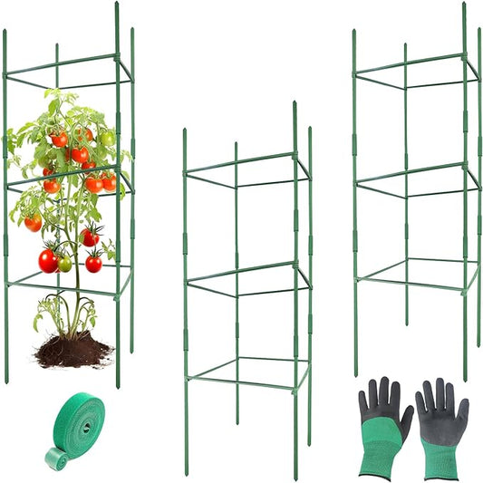 3Pack 18.5" Width Up to 48" Height Adjustable Square Tomato Cages for Garden, Plant Support Stakes for Climbing Vegetable, Tomatoe, Flower, with Twist Ties Snap-On Stake Arms