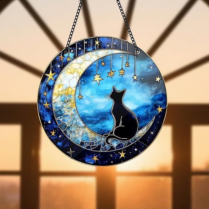 Black Cat Sun Catcher - Black Cat Bending Moon Acrylic Suncatcher Rainbow Maker Stained Acrylic Window Hanging Ornament Indoor Outdoor Decoration Home Garden Decor Chain Pendant Memorial