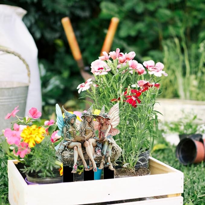 Fairy Garden Stake Decor, 2D Flat Acrylic Fairy Garden Decor Panel, Elf Yard Sign for Outdoor Indoor Yard Lawn Plants Pots, Fairy Yard Accessories (Three Fairies)