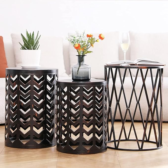 Y&M Set of 3 Heavy-Duty Round End Table, Side Table, Coffee Table for Indoor Multifunctional Use, Outdoor Decorative Garden Stool Plant Stand-Retro Black with Bronze (Ship from US)