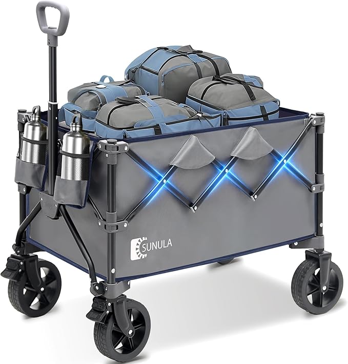Collapsible Foldable Wagon Cart with 330lbs Weight Capacity, Heavy Duty Folding Wagon Cart with Big All-Terrain Wheels & Drink Holders. Gray