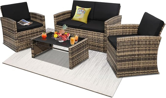 4 Pieces Patio Conversation Set, Outside Rattan Sectional Sofa, Cushioned Furniture Set, Wicker Sofa Ideal for Garden, Porch, Backyard, Natural Color Rattan and Black Cushion