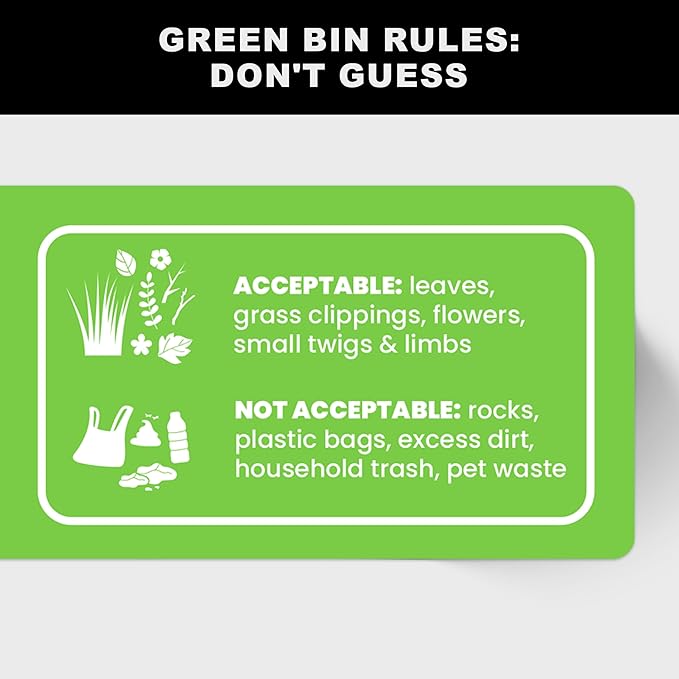 Yard Waste Sticker - Yard Waste Bin Sign - with Helpful Tips and Do & Don't Reminder - 3-5 Year Indoor/Outdoor Rated - Heavy Duty, Weather Proof, Ultra Durable - USA Made (6x2 inch), 4 Labels
