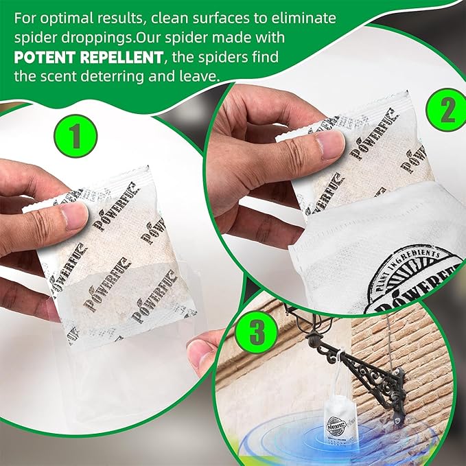 12 Pack Long-Lasting Spider Repellent Pouches - Natural Peppermint & Lemongrass Oil Blend, Indoor/Outdoor Pest Control for Closets, Attics, Garages, RVs (60 Day Protection)