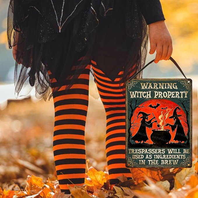 Witch Property Warning Vintage Sign Halloween Witch Metal Tin Sign for Home Bar Kitchen Hotel Dining Room Coffee 12x16inch