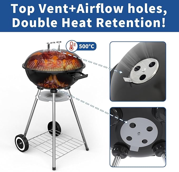 18 Inch Portable Charcoal Grill, Heavy Duty Kettle BBQ Smoker with Built-in Thermometer & Removable Water-Rinsable Ash Catcher for Outdoor Camping, Patio, Backyard, and Tailgating