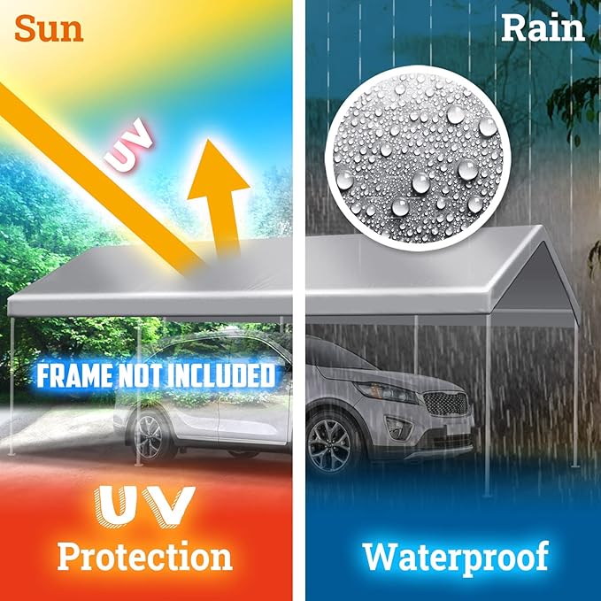 YardGrow 10x20 FT Carport Replacement Canopy Cover Garage Shelter Outdoor Carport Canopy Top Tent Shelter Tarp, Canopy ONLY (Silver)