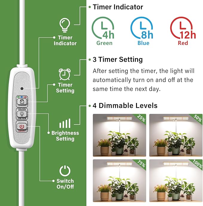 LORDEM Grow Lights for Indoor Plants Full Spectrum, Bamboo Plant Lights for Indoor Growing, Table Top Grow Light with Auto On/Off Timer 4H/8H/12H & 4 Dimmable Brightness & Height Adjustment, 2 Pack