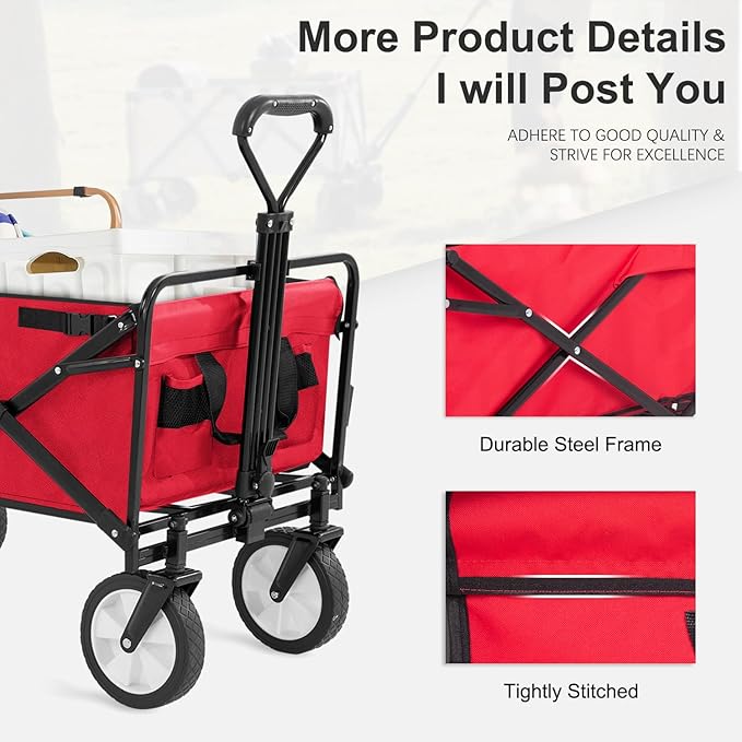 Collapsible Wagon Folding Wagon Garden Cart with Large Capacity, Portable Utility Wagon Cart Heavy Duty for Beach Camping Shopping Garden, Red