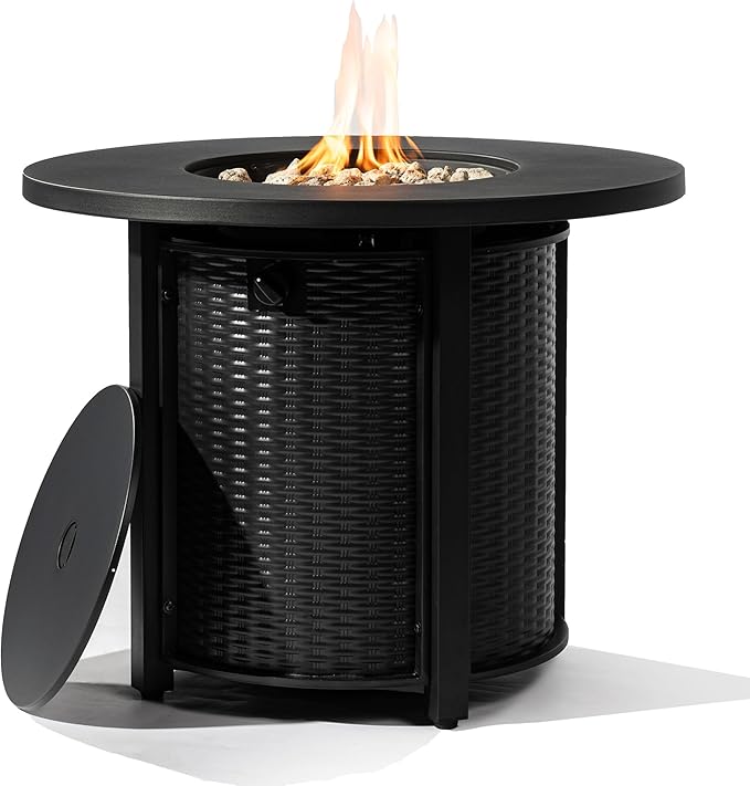 32'' Round Gas Fire Pit, 50,000 BTU Steel Outdoor Fire Tables, Fire Table with Lid, Add Warmth & Ambience to Gatherings and Parties On Patio Deck Garden Backyard, Black.