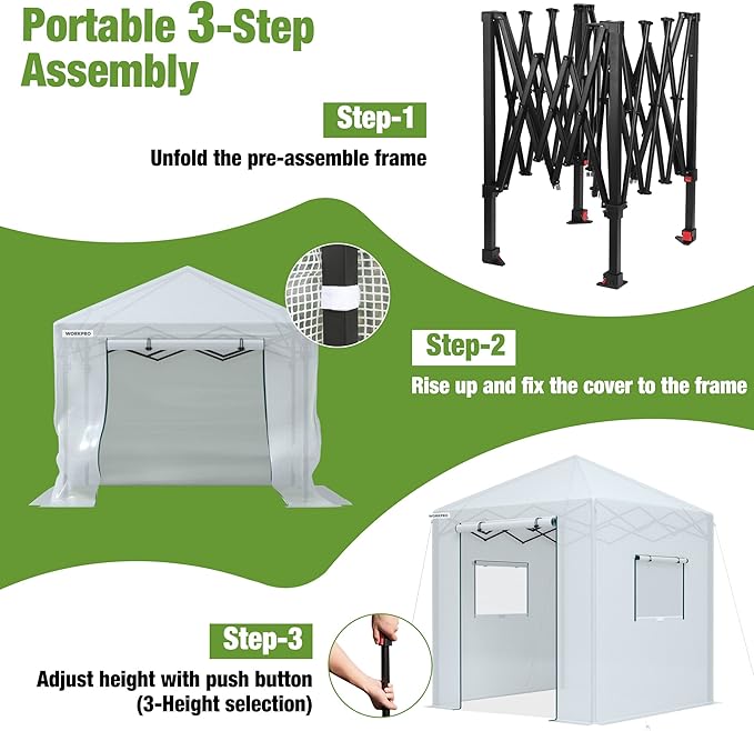WORKPRO Greenhouse, 94" x70" x98" Instant Pop-up Heavy Duty Gardening Green House Canopy with Robust PE Cover, Indoor Outdoor Plant House Shed with Roll-up Entry Doors and 2 Screen Windows