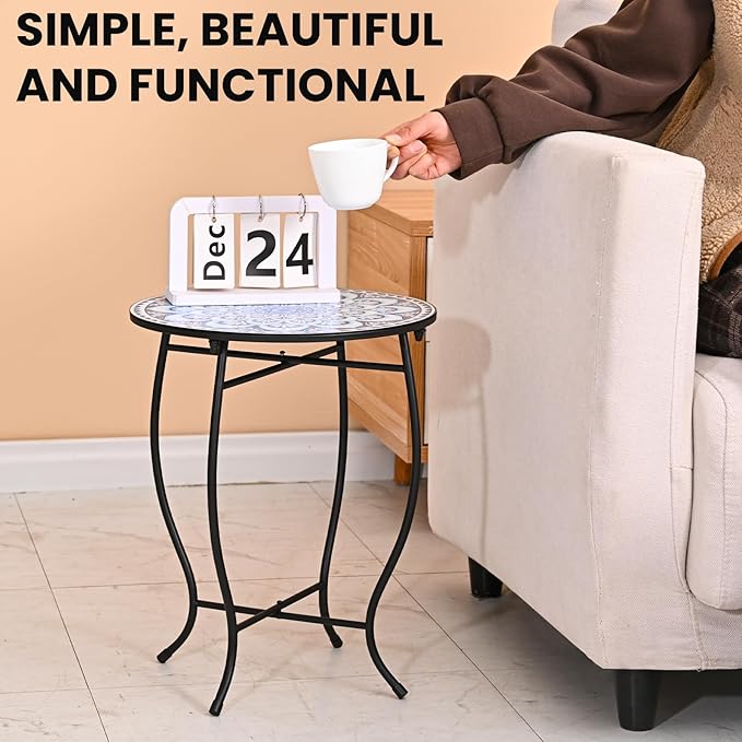 Round Side Table, Indoor Outdoor Small Side Table, Weather Resistant Black Metal Side Table for Livingroom Patio Balcony Yard Porch Garden, 14” Diameter and 17” H Patio Accent Table Plant Stand