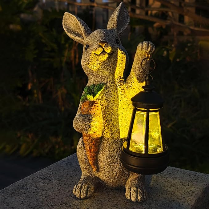 Garden Statues Rabbit Solar Lantern Outdoor Handmade Resin Statue Bunny with Cute Carrot for Patio, Yard,Mother's Day Gift Ideas (rabbit1)