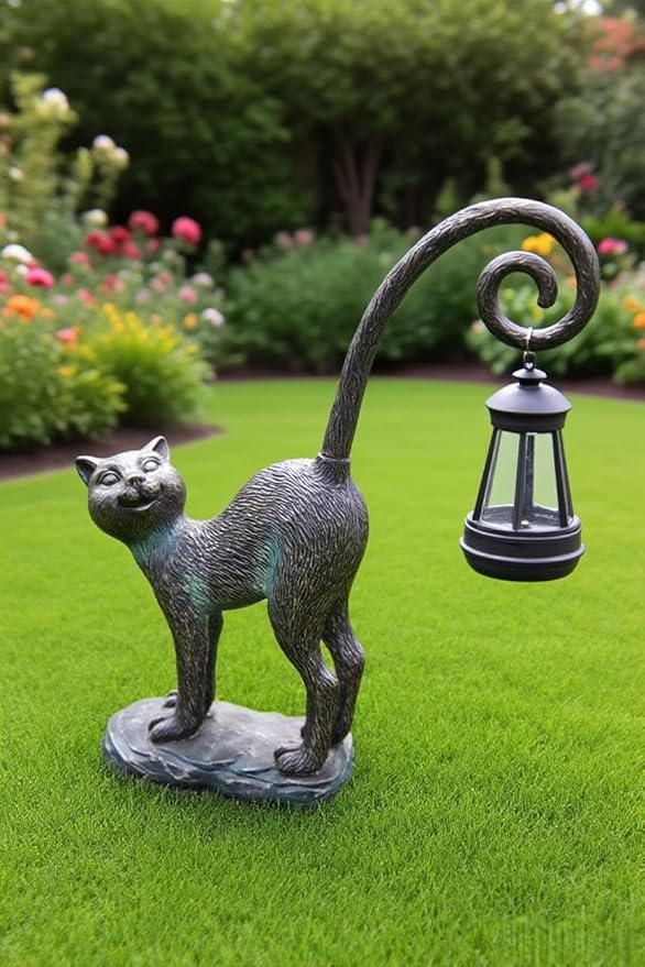 Solar Cat Outdoor Statues Halloween for Garden: Outdoor Decor Cat Figurine for Yard, Lawn, Patio, Porch, Balcony - Animal Art for Home Backyard - Birthday Gifts for Women Grandma Mom Sister