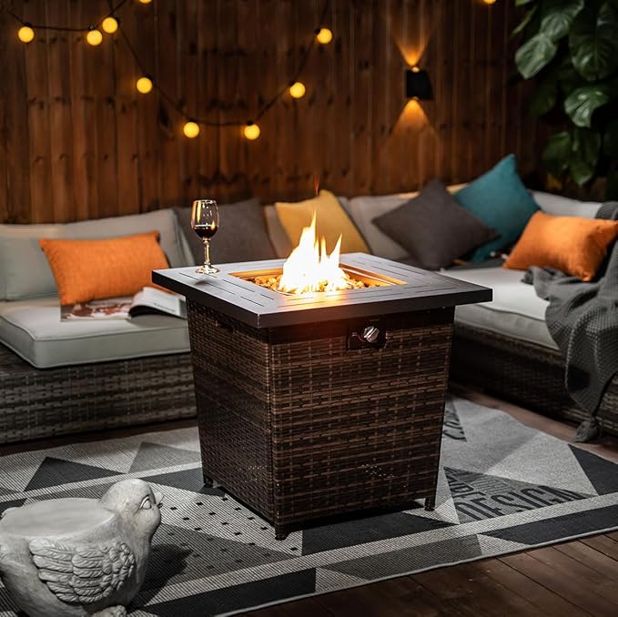 28'' Propane Fire Pit Table, 50,000 BTU Fire Table with Brown Wicker, Laval Rocks, Inclined Leg Design.