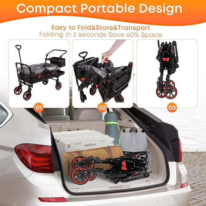 Collapsible Canopy Wagon,Large Capacity Trolley, Foldable Portable cart with Canopy, Adjustable Push/Pull Handle, Shock-Absorbing Wheels, Suitable for Shopping,Traveling-B