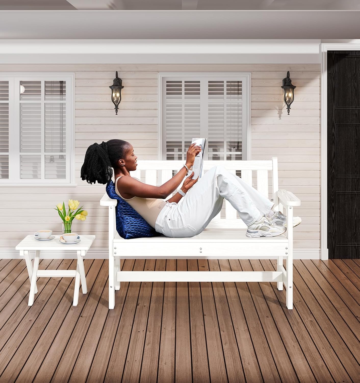 SERWALL Outdoor Bench, HDPE Outdoor Benches Weatherproof, 2-Person Garden Bench with 660 lbs Weight Capacity, Patio Benches for Outdoors, Garden, Porch, Backyard and Park, White, 2 Pack