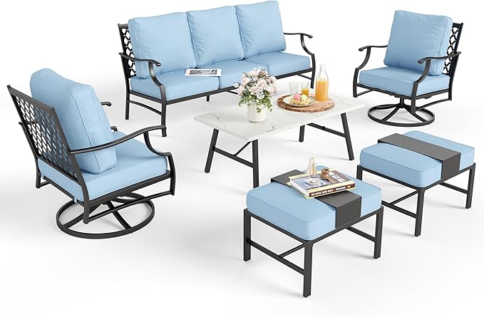 Patio Furniture Set 6 pcs, Outdoor Patio Furniture, 3-Seat Sofa, 2 Swivel Chairs, 2 Ottomans, Coffee Table and 5.75" Extra Thick Cushion, Patio Conversation Set for Garden Backyard Deck,Blue