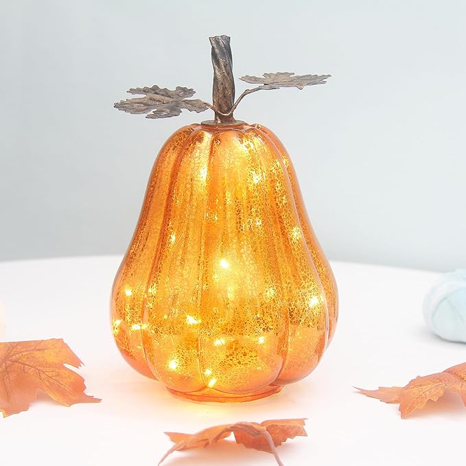 Mercury Glass Pumpkin Lights with Timer, Battery Operated Led Pumpkin Lights for Halloween Fall,Thanksgiving Rustic Decor (Gold Leafy, 9")