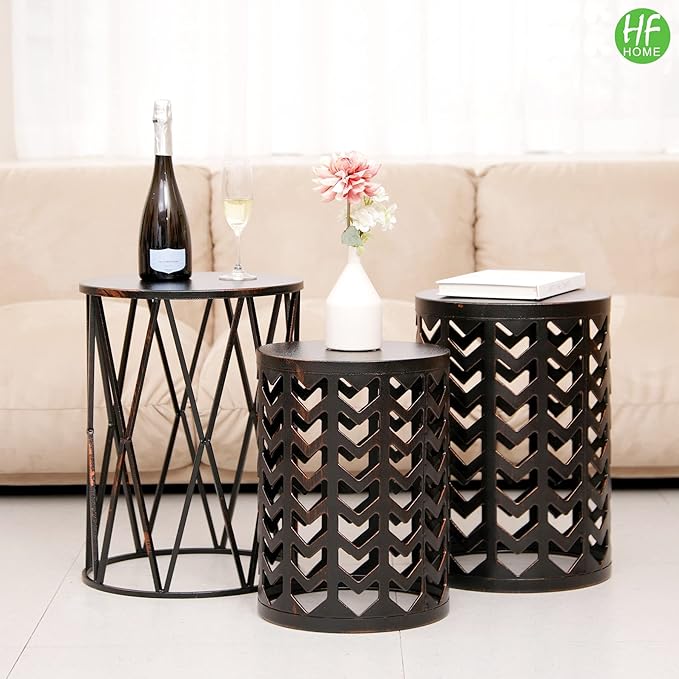 HFHOME Set of 3 Metal Side End Tables Nightstand, Multifunctional Nesting Round Coffee Table for Indoor, Heavy Duty Plant Stand Outdoor - Black with Bronze Prush (Ship from US)