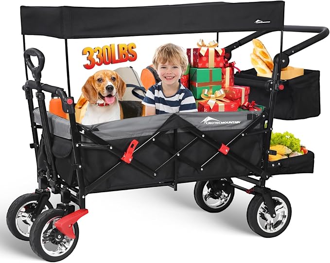 Wagon Cart with Removable Canopy,Collapsible Foldable Wagon, Heavy Duty Utility Outdoor Foldable Garden Cart with Wheels, Adjustable Handle, Outdoor Utility Wagon, Black
