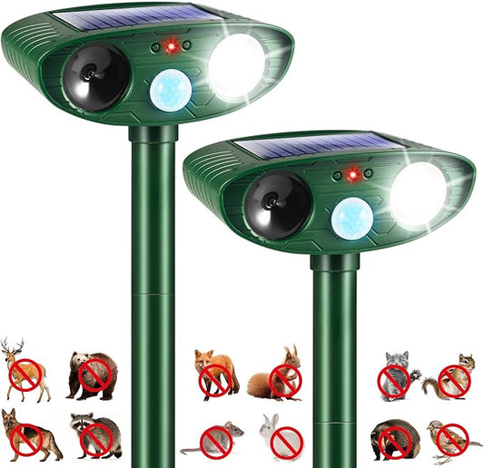 2 Pack Solar Animal Repellent Ultrasonic Outdoor Squirrel Fortress Pro, Deer Repellent Devices with Motion Sensor & Strobe Light,Waterproof Cat Dog Raccoon Rabbit Deterrent for Garden Yard
