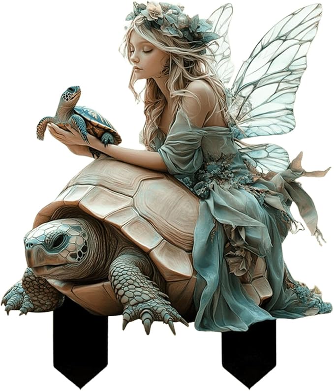 Fairy Garden Stake Decor, 2D Flat Acrylic Fairy Garden Decor Panel, Elf Yard Sign for Outdoor Indoor Yard Lawn Plants Pots, Fairy Garden Accessories (Fairy and Turtle)