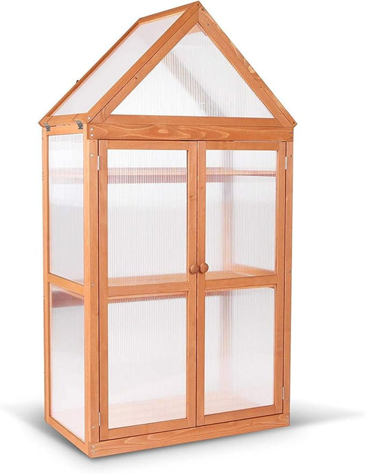 MCombo Greenhouse Cold Frame Wooden Garden Raised Flower Planter Shelf with Hard Translucent PC Protection, 0800 (Orange)
