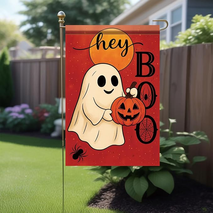 Halloween Garden Flag Hey Boo Ghost Pumpkin Flag 12x18 Inch Double Sided Outdoor Yard Banner for Trick or Treat Haunted House Fall Halloween Decoration Decor
