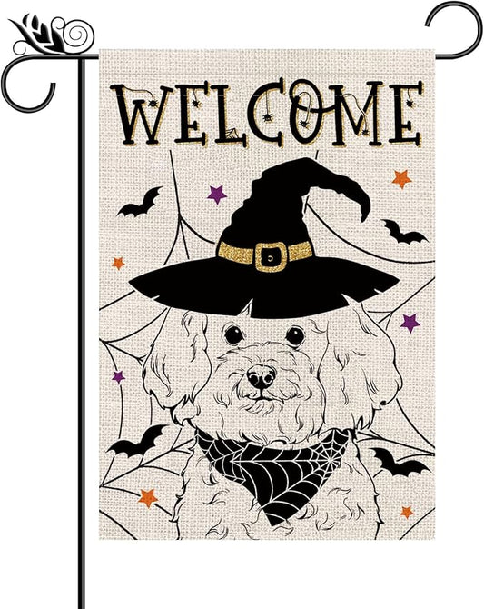 Halloween Garden Flag Bichon Frise Cobweb Bats Double Sided Vertical Welcome Flag Holiday Outdoor Yard Lawn Decorations 12.5 x 18 Inch