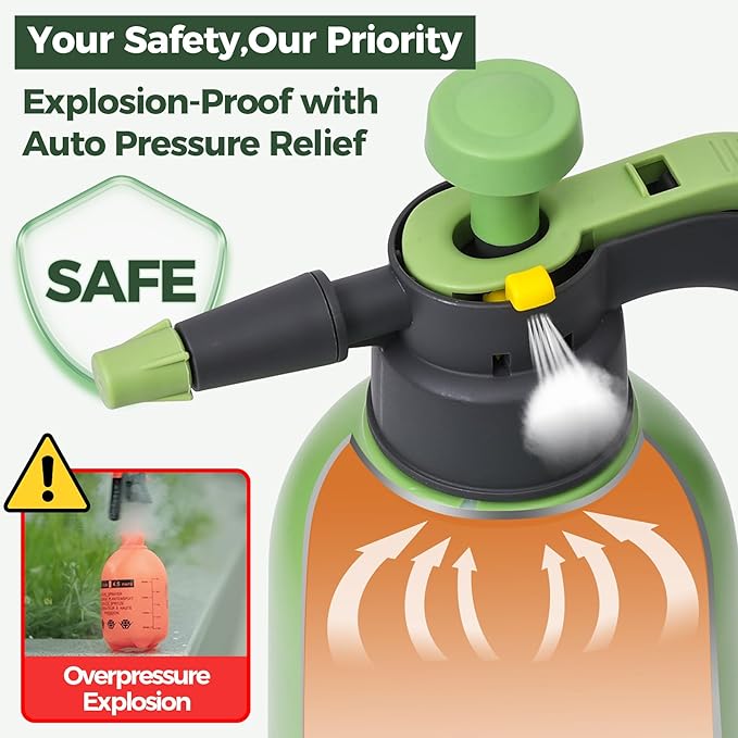 Hand Pump Sprayer 1/2 Gallon, Garden Pump Spray Bottle for Plants, Pressure Sprayer Bottle in Lawn and Garden Yard, Weed Chemical Sprayer with 2 Nozzle & Safety Pressure Relief Valve (2L/0.5Gal)